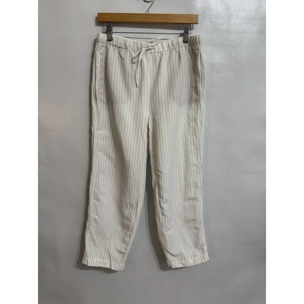 Babaton Large Linen Blend Pull On White Striped Pants Cropped Beach Coastal